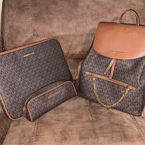 Michael Kors Brown Monogram Backpack with Matching Pouches